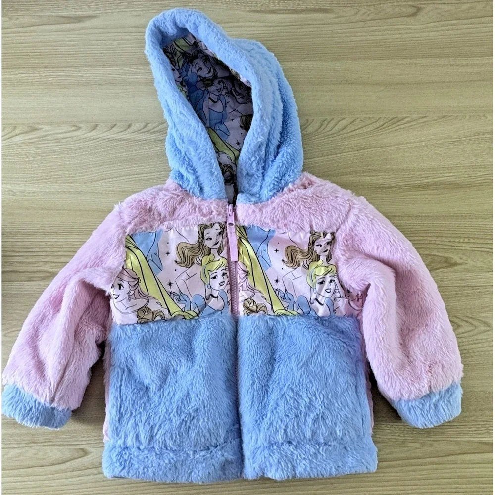 Disney Princess Reversible Puffer Jacket Girls 2T Pink Blue Faux Fur Hooded Coat
